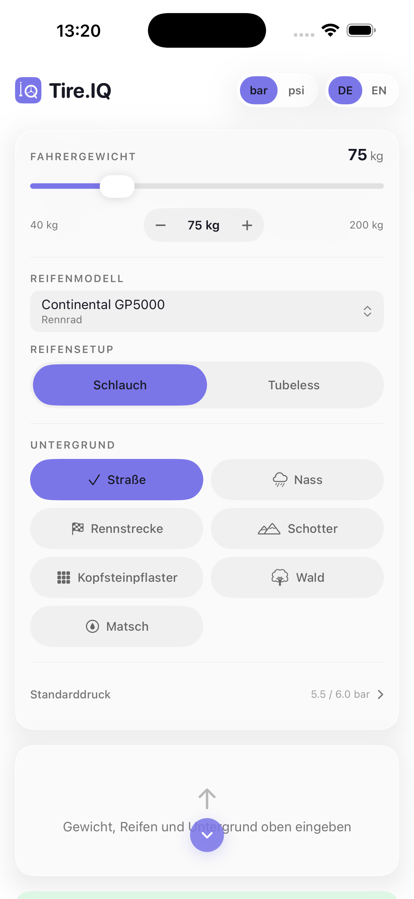 Tire.IQ Onboarding – Fahrergewicht eingeben