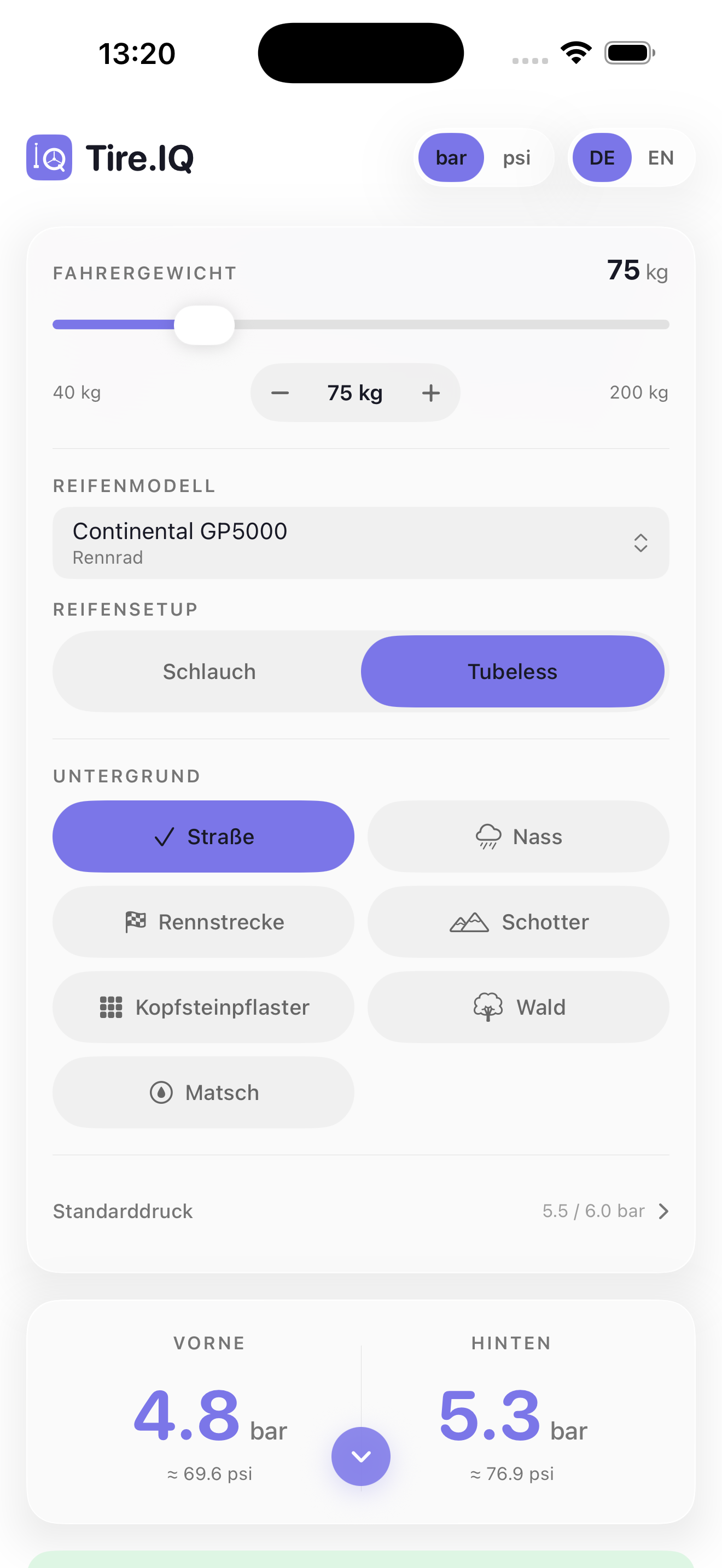 Reifendruck berechnen – Reifenmodell und Untergrund auswählen in Tire.IQ